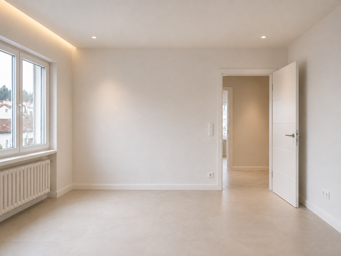 Neu gestaltete Wohnung nach dem Umbau mit modernen Bodenplatten und neuer Tür